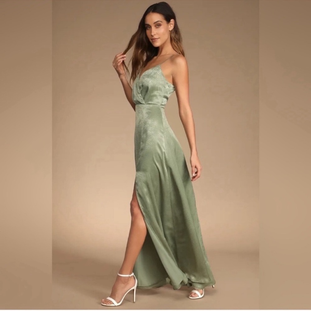 Lulus Sage Forest Fairy Satin Maxi Dress - Picture 2 of 7
